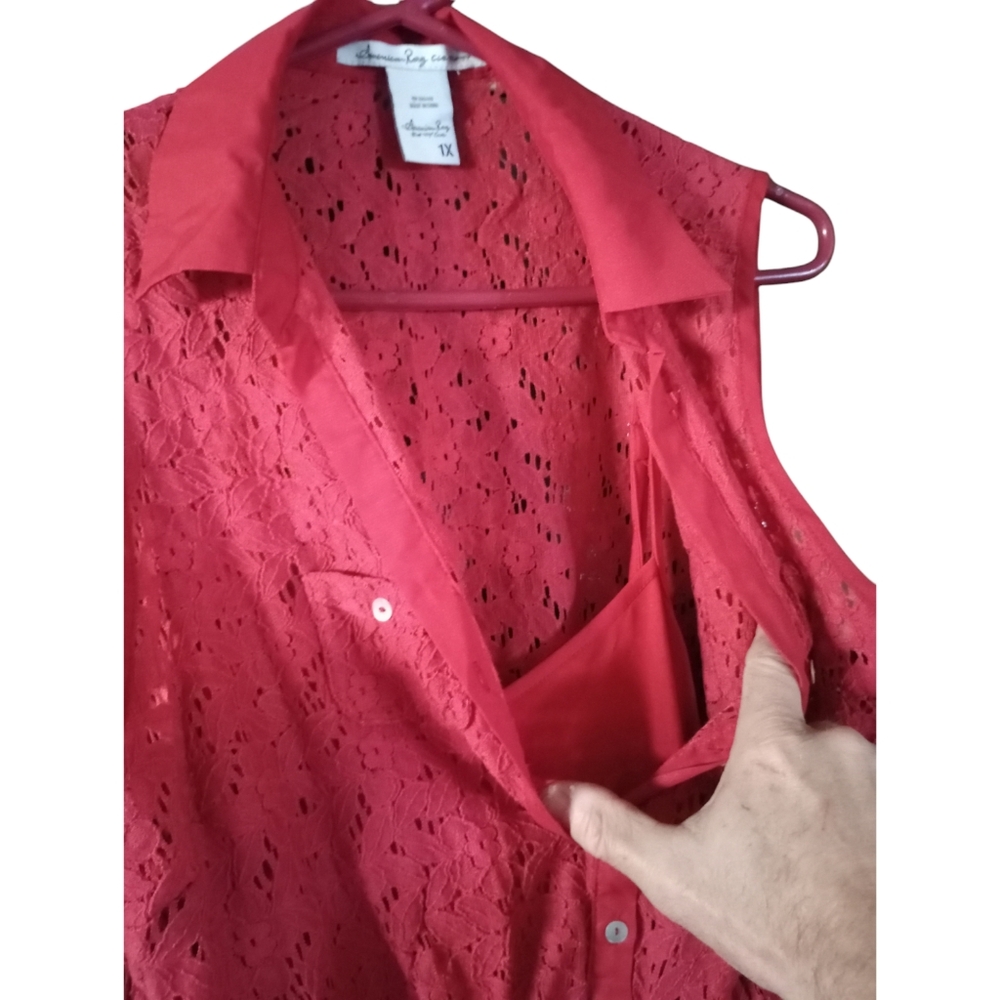 American Rag Red Eyelet Mix Fabric Shirt Dress Country Cottagecore Cowgirl 1X - Picture 6 of 12